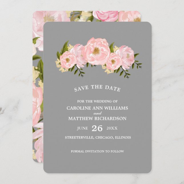 Save The Date Sauver la Date. Mariage aux Pivoines Roses Foncées (Devant / Derrière)