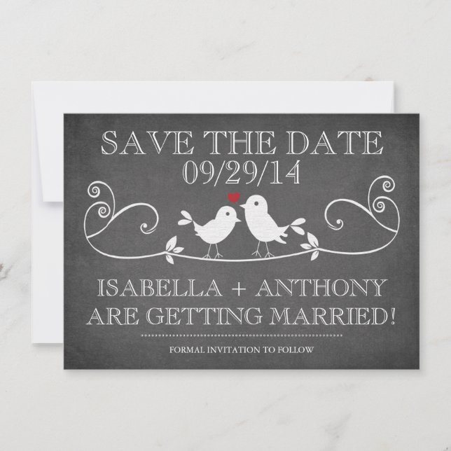 Save The Date SAUVER LA DATE Oiseaux de l'amour sur un tableau n (Devant)