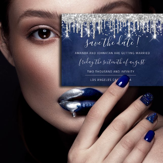 Save The Date Sauver la date Papier Kraft Gris argenté Goutte de (Save The Date Paper Kraft Silver Gray Drip Navy)