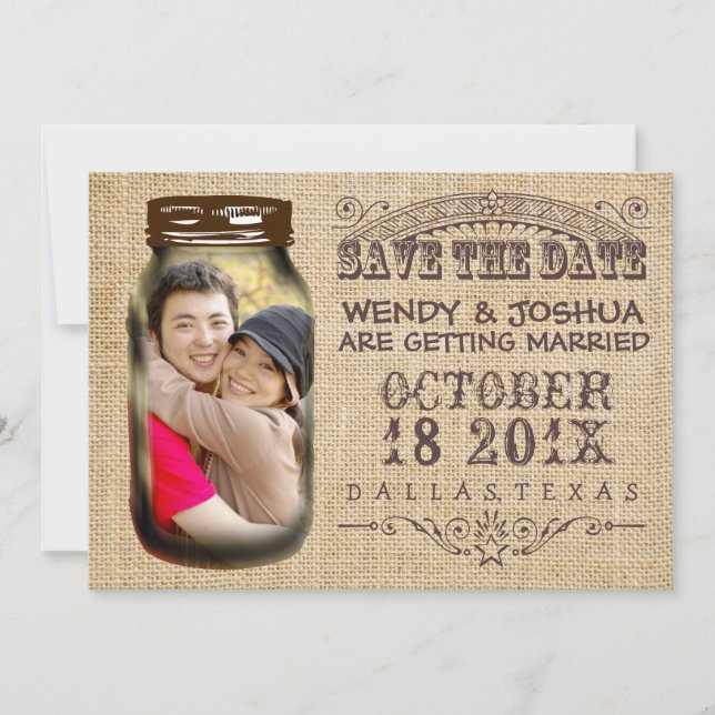 Save The Date Sauver la date Pot Mason Toile de Jute Mariage Rus (Devant)
