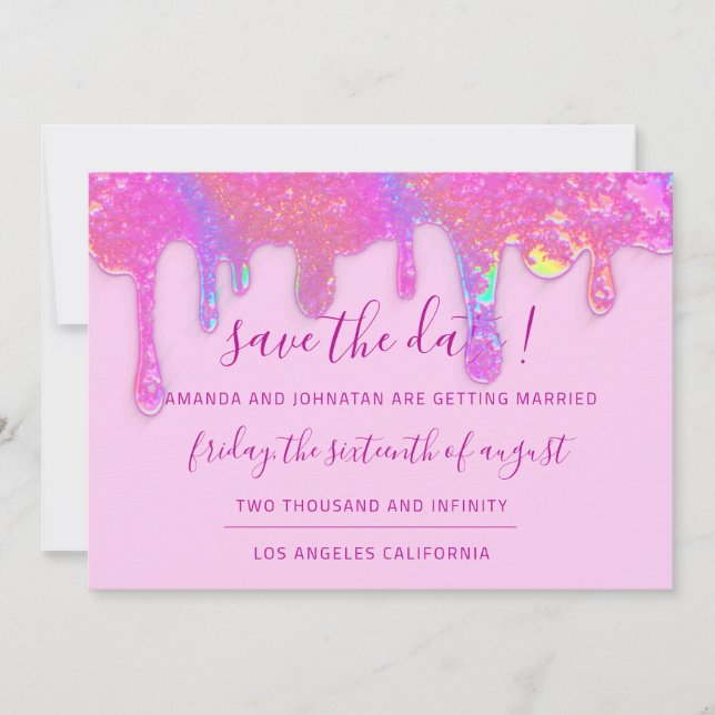 Save The Date Sauver la date rose holographique gouttes pastel (Devant)