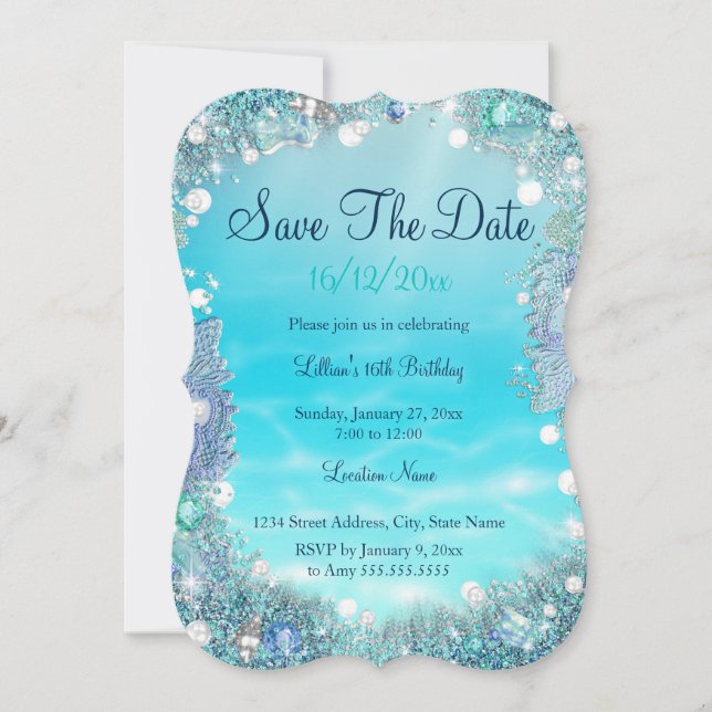 Save The Date Sauver la date sarcelle bleue eau océan perles (Devant)