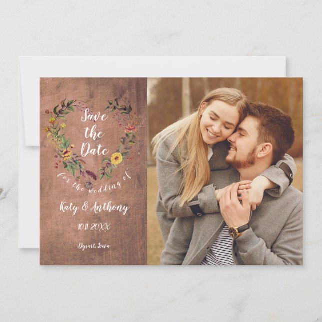 Save The Date Sauvez la date Floral Heart Rustic Wood Photo (Devant)