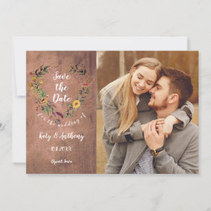 Save The Date Sauvez la date Floral Heart Rustic Wood Photo