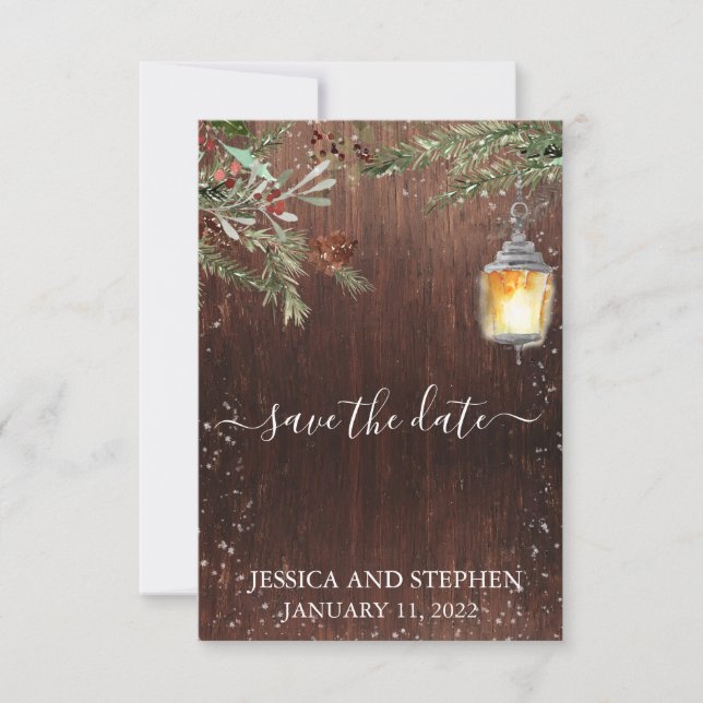 Save The Date Sauvez la date Winter Rustic Pine Noël (Devant)