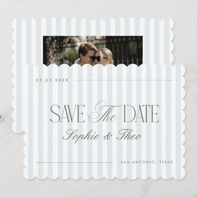 Save The Date Scalloped Coastal Blue Sage Green Stripes Wedding (Devant / Derrière)