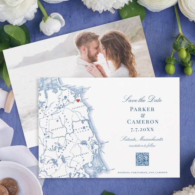 Save The Date Scanner MA Map Elegant Navy Blue QR code (These Scituate MA map save the dates have a QR code for easy access to your wedding website)