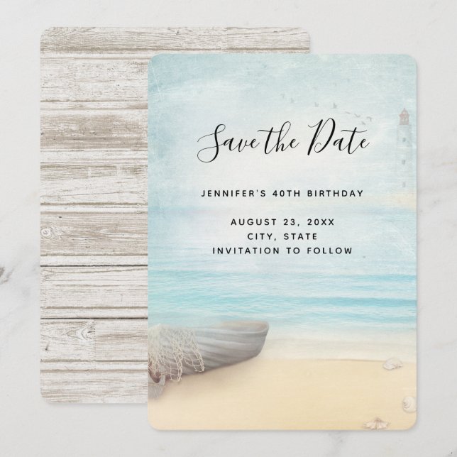Save The Date Scène de plage rustique avec bateau et phare (Devant / Derrière)