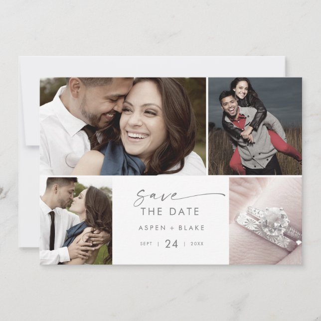 Save The Date Script Argent Moderne 4 Collage Photo Enregistrer  (Devant)