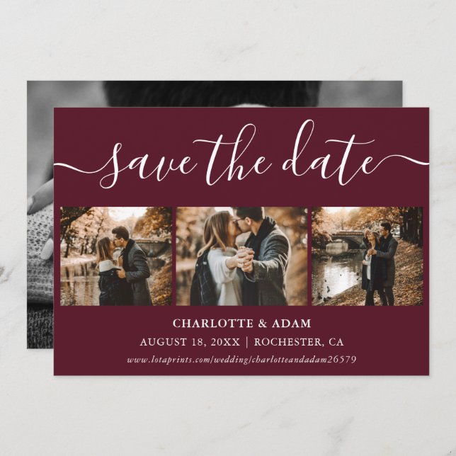Save The Date Script Burgundy Photo Mariage Enregistrer Les Cart (Devant / Derrière)