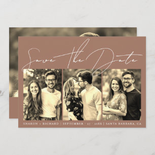 Save The Date Script calligraphie 3 sepia photo collage mocha