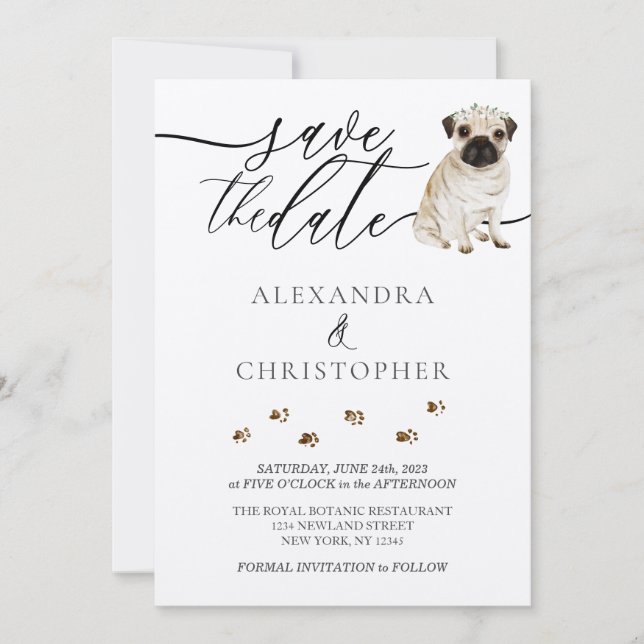 Save The Date script calligraphique de mariage de chiot Carlin (Devant)