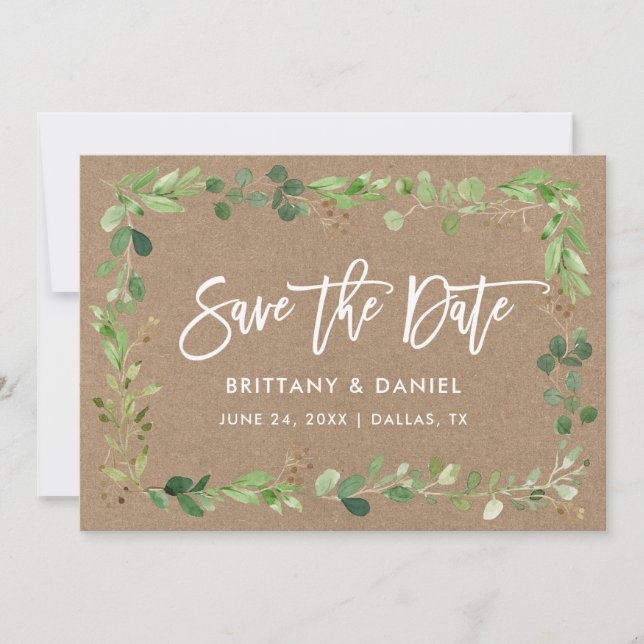 Save The Date Script de Brève moderne Eucalyptus Kraft (Devant)