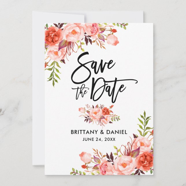Save The Date Script de brosse moderne Coral Floral (Devant)