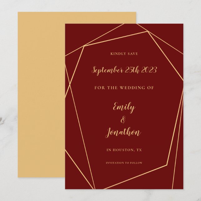 Save The Date Script de cadre géométrique Mariage d'or Bourgogne (Devant / Derrière)