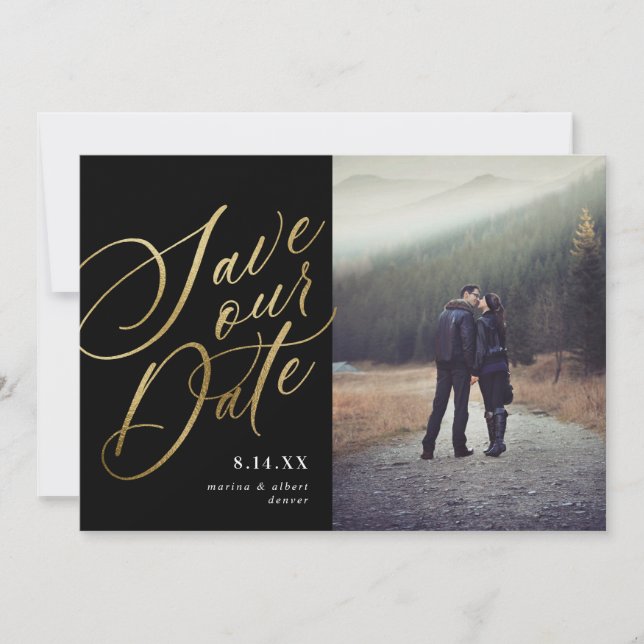 Save The Date Script de calligraphie | Or noir | Photo (Devant)