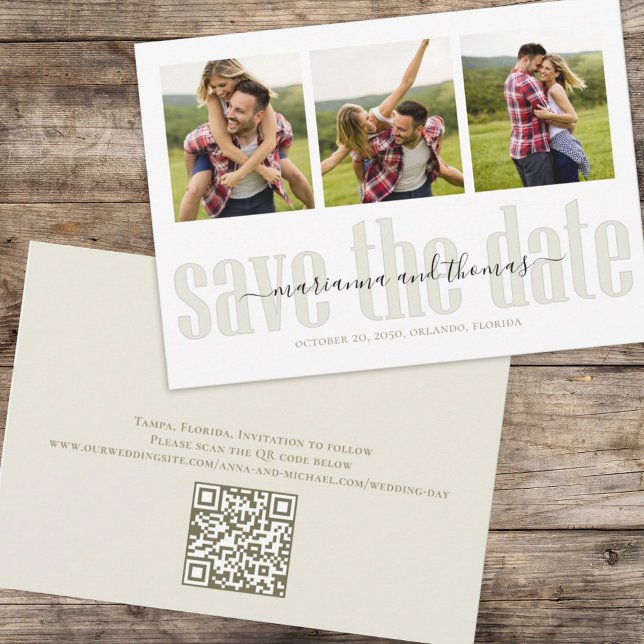 Save The Date Script de calligraphie or Stylish Photo Code QR (Simple wedding save the date photo card with three photo template and QR Code )
