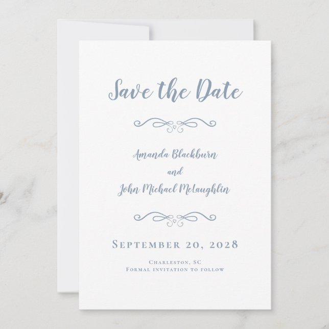Save The Date Script délicat Calligraphie romantique Dusty Blue (Devant)