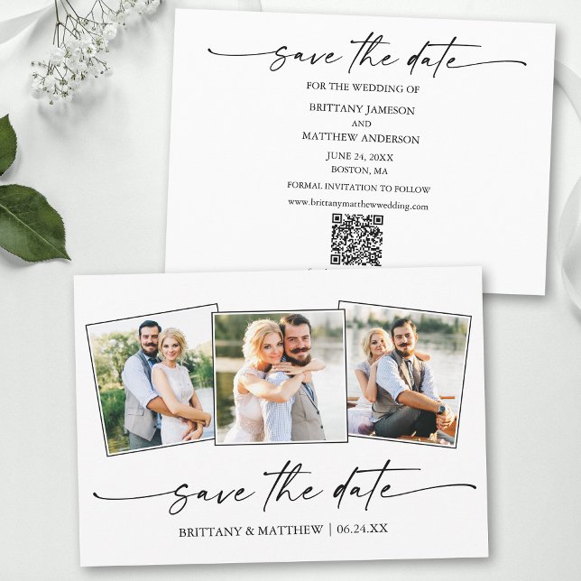 Save The Date Script d'encre minimaliste 3 photo moderne Code QR (Add your wedding website or social media web address to the QR Scan Code.)
