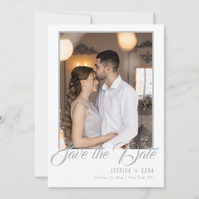 Save The Date Script élégant Argent et blanc | Photo (Devant)