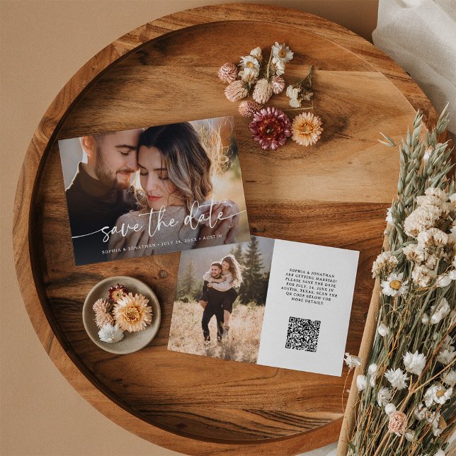 Save The Date Script élégant et deux photos | Code QR (A simple and elegant save the date card, with two photos and a scannable QR code)