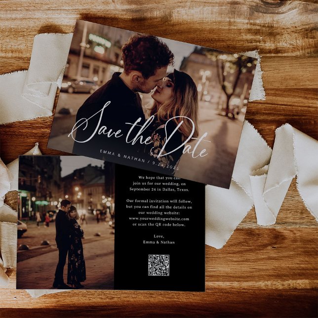 Save The Date Script élégant et noir | Deux photos et code QR (An elegant, dark black save the date card with two photos and a scannable QR code)