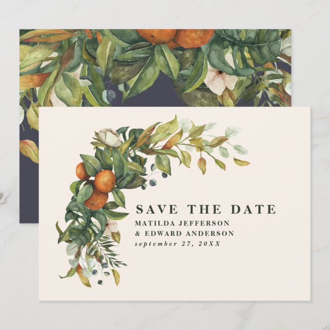 Save The Date Script élégant mariage agrumes botanique moderne (Devant / Derrière)