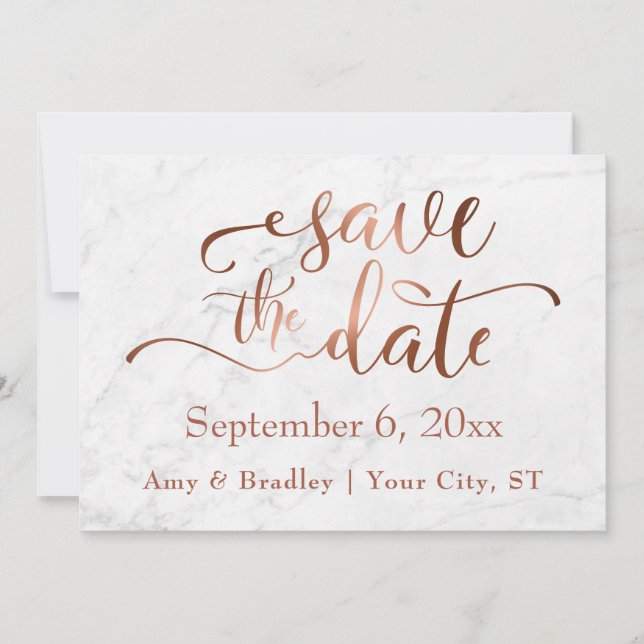 Save The Date Script en cuivre et mariage Marbre blanc Enregistr (Devant)