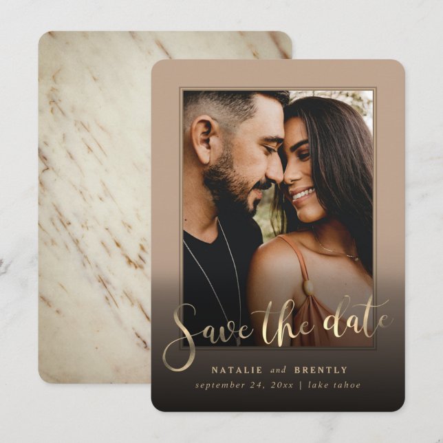 Save The Date Script en or beige Tan et couverture photo en marb (Devant / Derrière)