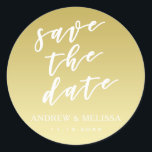 Save the Date, Script Faux Gold Wedding Sticker<br><div class="desc">NewParkLane - Elegant wedding stickers, with 'Save the Date' in elegant white script typographiy, against a faux gold background. Easy to customize in Zazzle with your own names, date or other text for a personalized design. Tout texte style, colors, sizes can be modifiée to fit your needs. You can alos...</div>