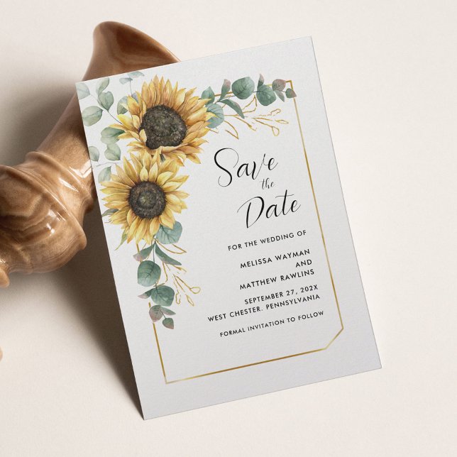 Save The Date Script floral de tournesol Eucalyptus (Sunflower Wedding Save the Date Announcement)