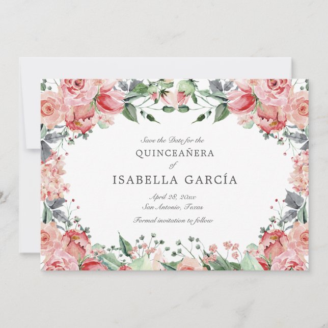 Save The Date Script floral rose élégant Quinceañera (Devant)