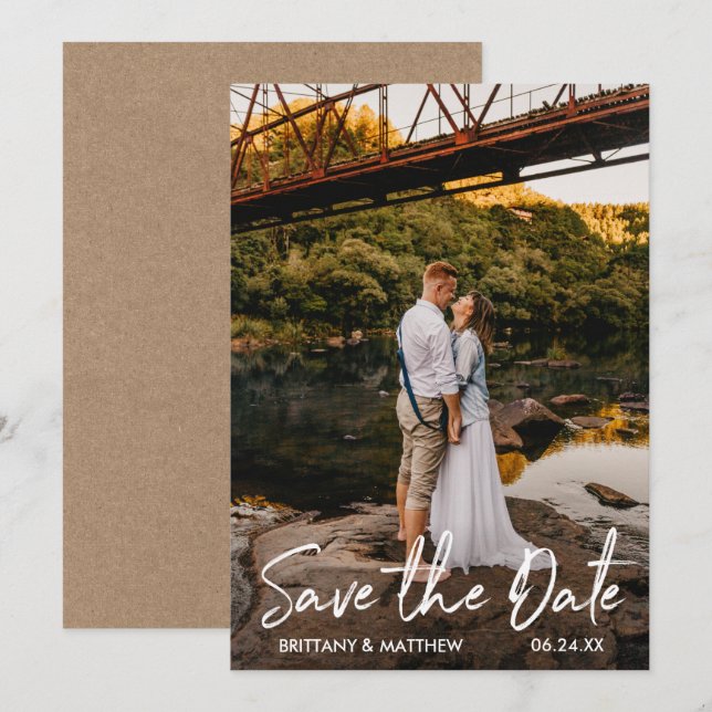 Save The Date Script manuscrit Couple photo Kraft (Devant / Derrière)