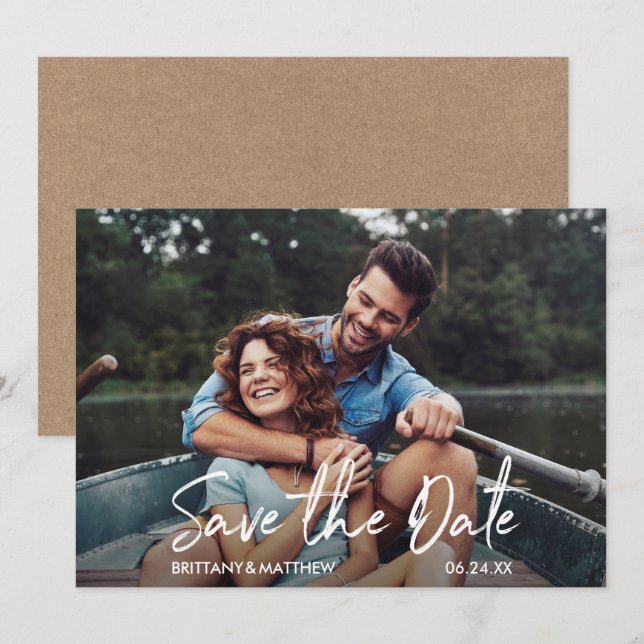 Save The Date Script manuscrit moderne photo Kraft (Devant / Derrière)