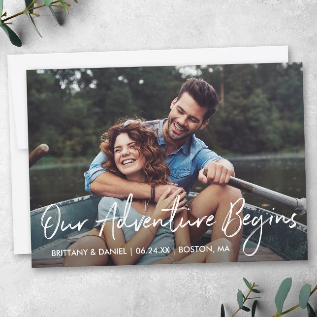 Save The Date Script manuscrit Notre aventure commence photo (Customize to change your personalized text size, style or to add more text & photos to back of card.)