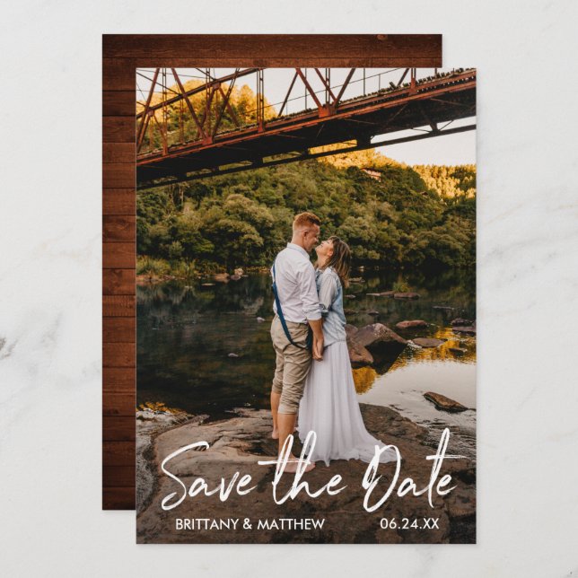 Save The Date Script manuscrit Rustique Bois Couple Photo (Devant / Derrière)