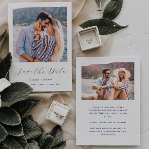 Save The Date Script minimal Deux Photos Bleu Nuit et Blanc