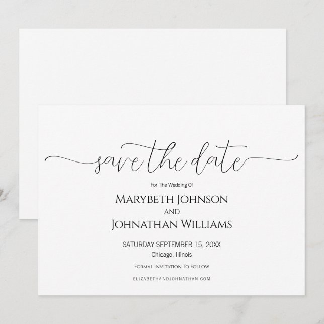 Save The Date Script minimal simple Mariage noir et blanc (Devant / Derrière)