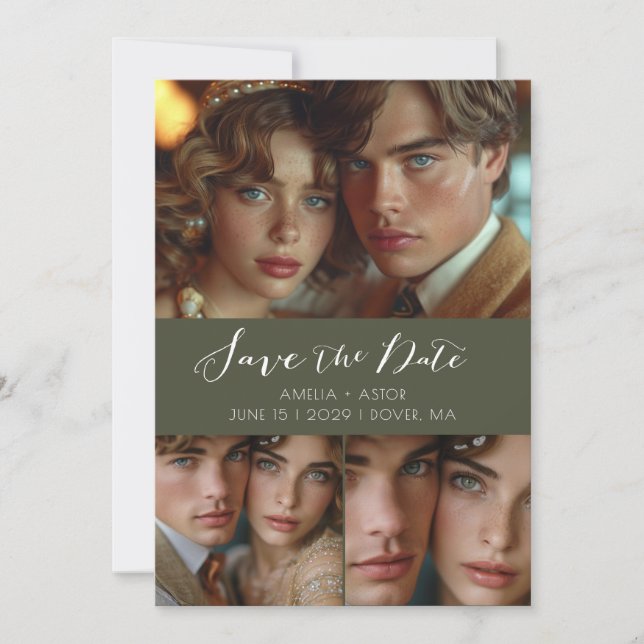 Save The Date Script moderne Collage photo Olive Green (Devant)