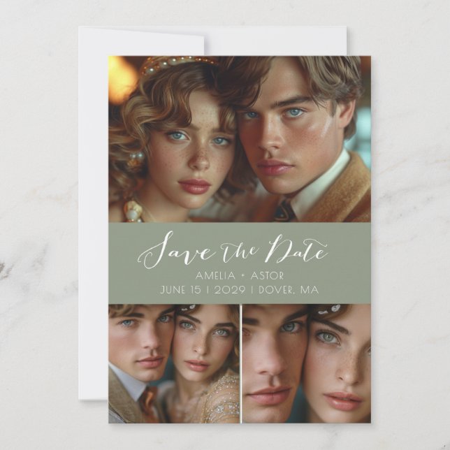 Save The Date Script moderne Collage photo Sage Green (Devant)