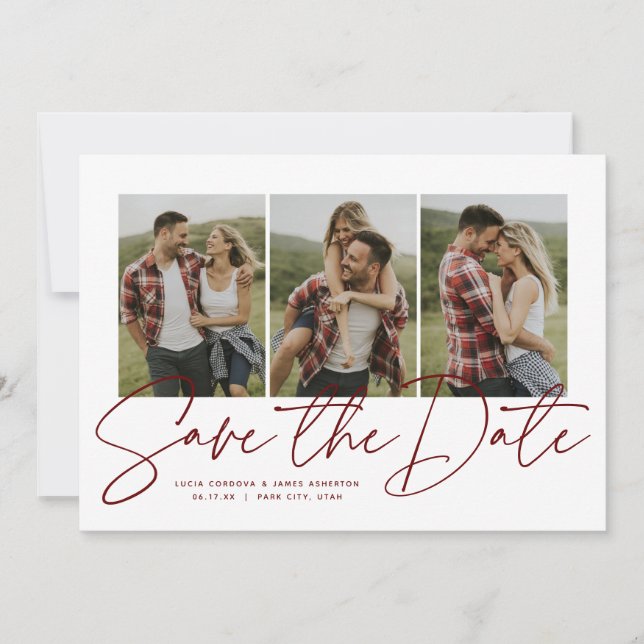 Save The Date Script moderne élégant trois photo bordeaux (Devant)