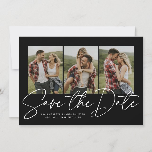 Save The Date Script moderne élégant trois photo noir et blanc (Devant)
