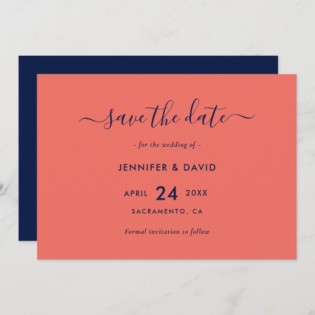 Save The Date Script moderne Marine bleu et Mariage de corail (Devant / Derrière)