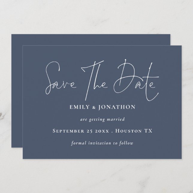 Save The Date Script moderne QR Code Dusty Navy Blue (Devant / Derrière)