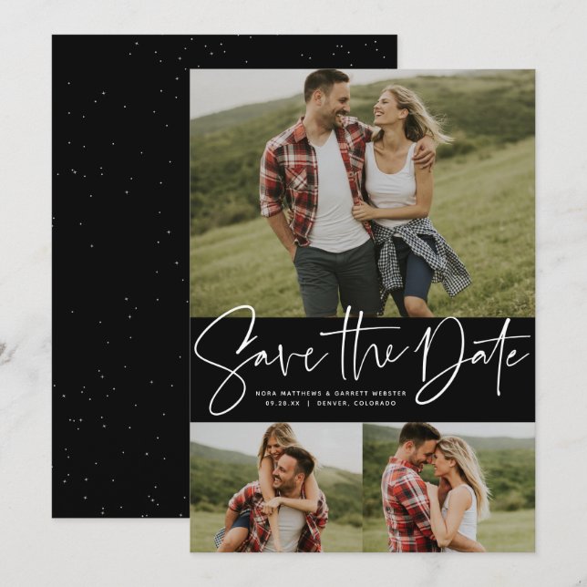 Save The Date Script moderne tendance trois photo (Devant / Derrière)
