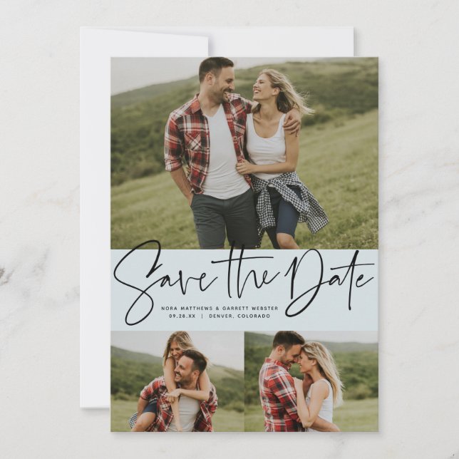 Save The Date Script moderne tendance trois photo bleu clair (Devant)