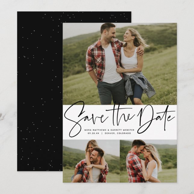 Save The Date Script moderne tendance trois photo noir et blanc (Devant / Derrière)