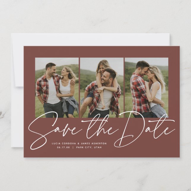 Save The Date Script moderne tendance trois photo terre cuite (Devant)