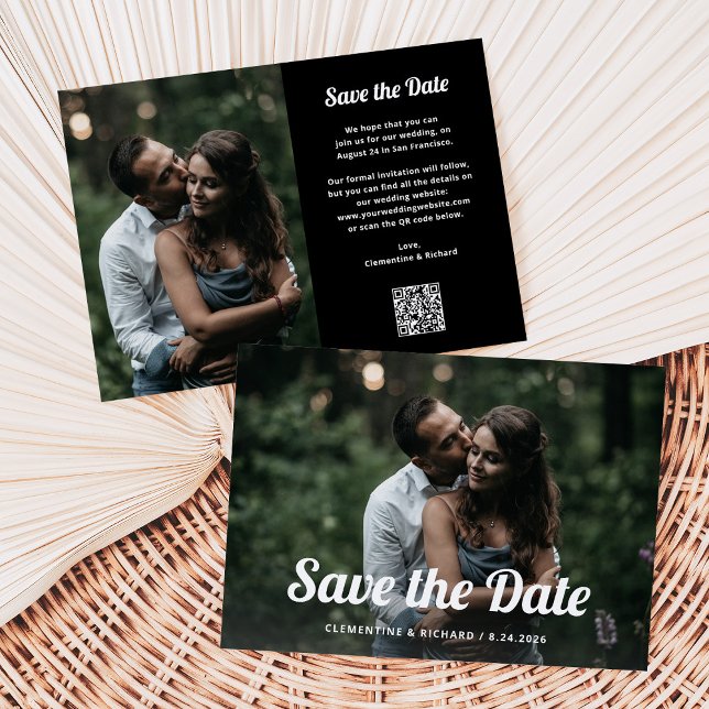 Save The Date Script noir et boho | Deux photos et code QR (Créateur téléchargé)