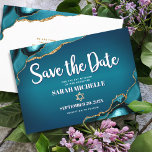Save The Date Script Ombre d'agate d'or Turquoise Gras bat mitzv<br><div class="desc">Assurez-vous que tous vos amis et parents pourront célébrer le Bat mitzvah de votre fille! Envoyez cette carte de faire-part cool, unique, moderne et personnalisée "Save the Date". La typographie en écriture blanche et une fausse étoile d'or de David superposent un turquoise bleu foncé et turquoise profond arrière - plan...</div>